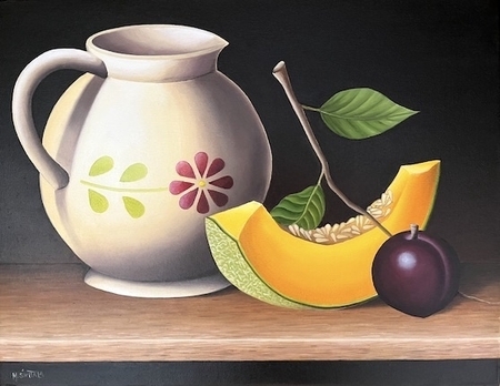 Pot, cantaloupe and plum